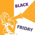 Poster in yellow and white colors with woman with megaphone and text Black Friday.